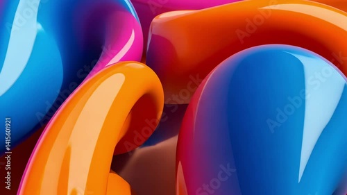 Abstract 3D shapes in vibrant orange blue and pink tones with glossy smooth texture