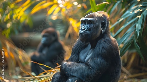 **Gorilla Sitting In Rainforest Clearing With Thoughtful Gaze, Quiet Power --Ar 16:9 --S 992 --V 6.0 --Style Raw** - @Darya (Relaxed) photo