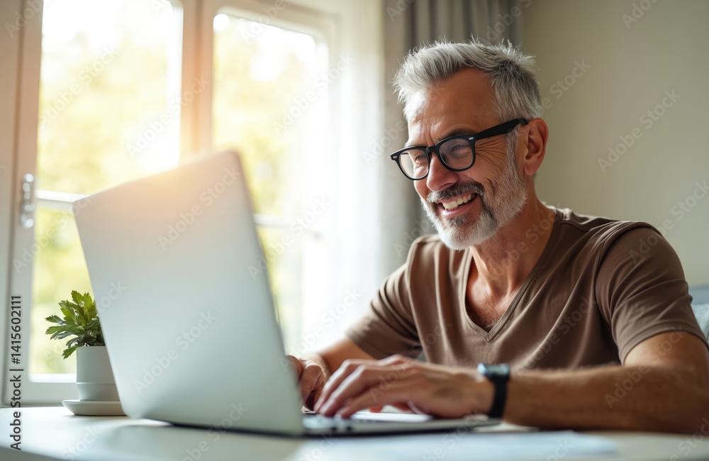 Mature, grey-haired man smiles while working on laptop at home. Happy senior enjoys remote job. Business, modern tech, remote work, freelance. Work from home, digital nomad. Mature, grey-haired man smiles while working on laptop at home. Happy senior enjoys remote job. Business, modern tech, remote work, freelance. Work from home, digital nomad.