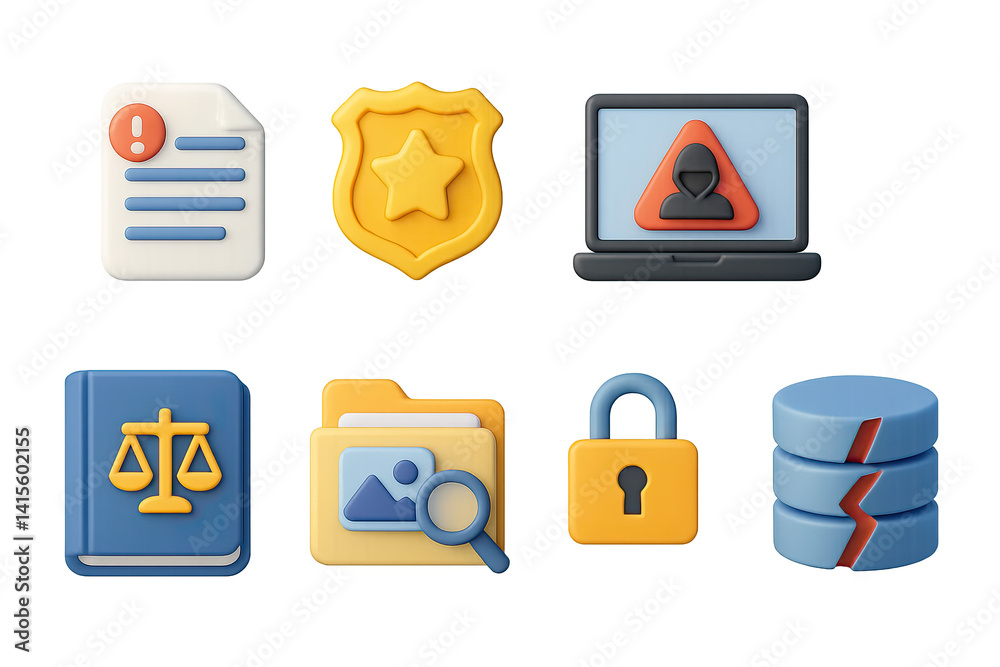 3D icon set of cybercrime prevention: report icon, police badge, hacker alert, fraud chart, illegal access, cyber law book, evidence folder, data breach. 3d icon. Generated icons set of 3d style in a