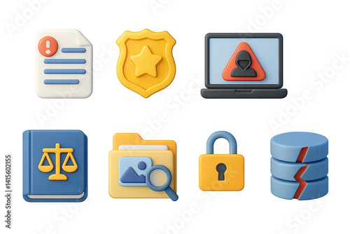 Obraz na płótnie 3D icon set of cybercrime prevention: report icon, police badge, hacker alert, fraud chart, illegal access, cyber law book, evidence folder, data breach. 3d icon. Generated icons set of 3d style in a w salonie