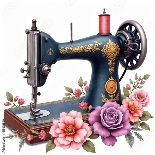 Vintage sewing machine with floral wreath. Watercolor illustration in retro style for logo design, textile industry. Needlecraft equipment, tailor tools, dressmaking hobby. Fashion, design, handmade