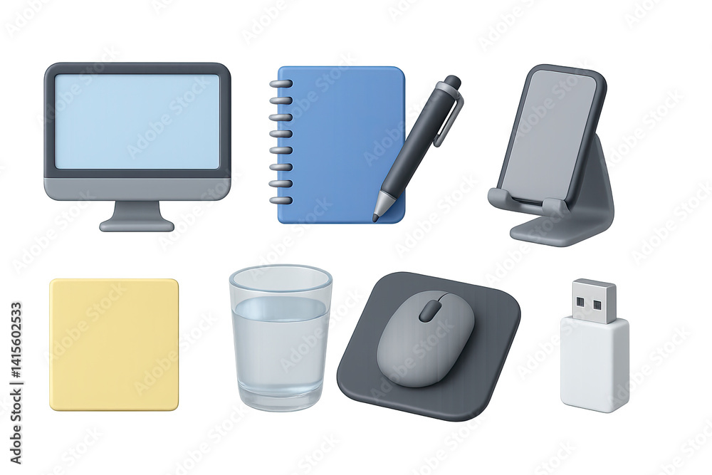 3D icon set of desktop essentials: monitor, notebook, pen, phone stand, USB drive, sticky note, water glass, mousepad. 3d icon. Generated icons set of 3d style in a modern design. Isolated