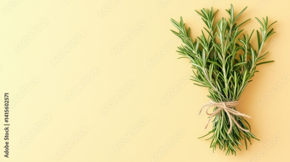Rosemary bunch tied with twine on right side of pale yellow background Rosemary bunch tied with twine on right side of pale yellow background