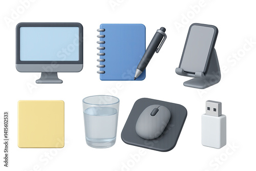 Obraz na płótnie 3D icon set of desktop essentials: monitor, notebook, pen, phone stand, USB drive, sticky note, water glass, mousepad. 3d icon. Generated icons set of 3d style in a modern design. Isolated w salonie