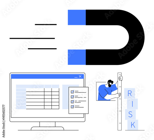 Magnet symbolizes attraction, computer screen with data and checklist, individual assessing risk levels. Ideal for data handling, risk control, decision-making, strategy, management, organization