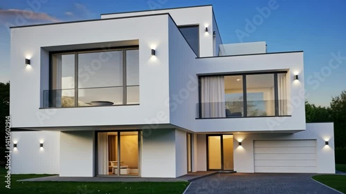 Modern white cubic house with large windows and driveway at dusk