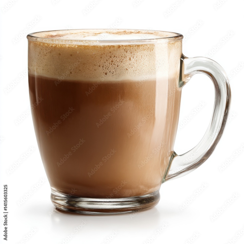 Obraz premium A clear mug filled with a foamy coffee beverage drink isolated on white background