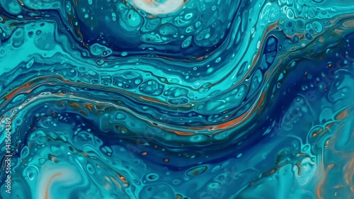 Blue and teal marbled fluid painting with flowing abstract design and textures