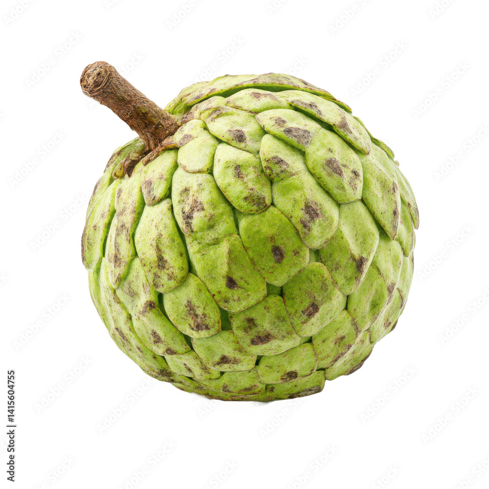 Close up of a single custard apple fruit with stem on a white background Close up of a single custard apple fruit with stem on a white background