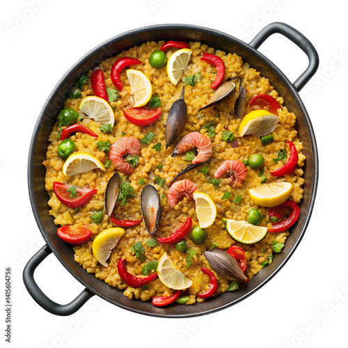 Overhead view of seafood paella dish isolated on transparent background