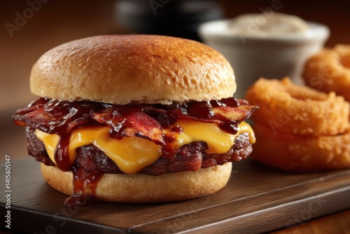 A mouthwatering barbecue burger with melted cheddar cheese and crispy bacon, served with crispy fried onion rings on a wooden board, perfect for a delicious meal.