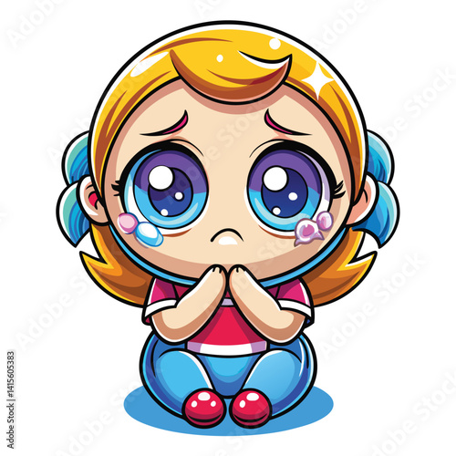 Sad anime girl sitting, hands clasped