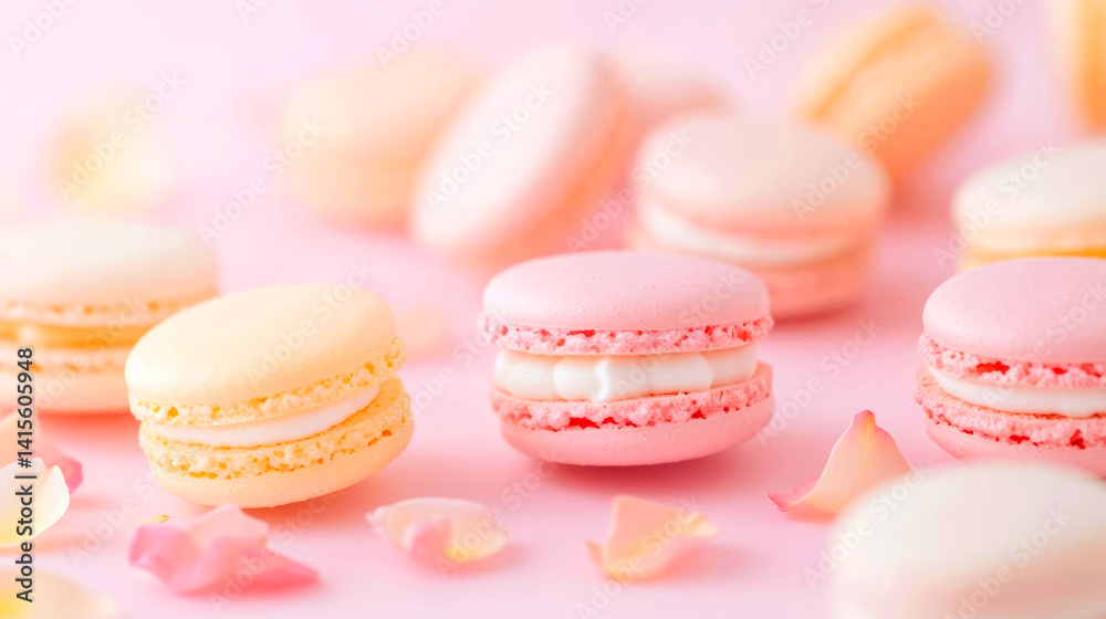 Fototapeta premium Delicate macarons in pastel colors on pink background create sweet and inviting atmosphere