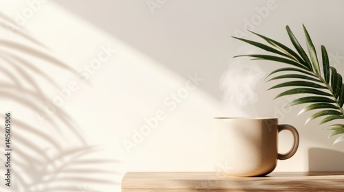 Morning Coffee: A tranquil scene of a steaming cup of coffee with delicate plant and a play of shadows, capturing a serene moment of morning ritual.