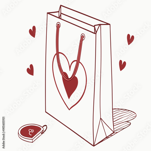 White Paper Shopping Bag with Red Heart and Handles – Minimalist Valentine’s Day Gift Packaging Isolated on White.