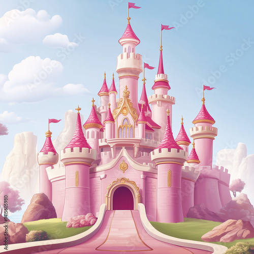 wallpaper illustration of a princess castle, pink castle cartoon