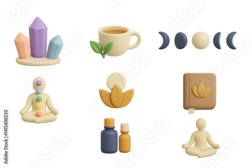 3D icon set of holistic wellness: crystal set, herbal tea, moon phases, energy balance, spiritual icon, journal, essential oils, grounding pose. 3d icon. Generated icons set of 3d style in a modern