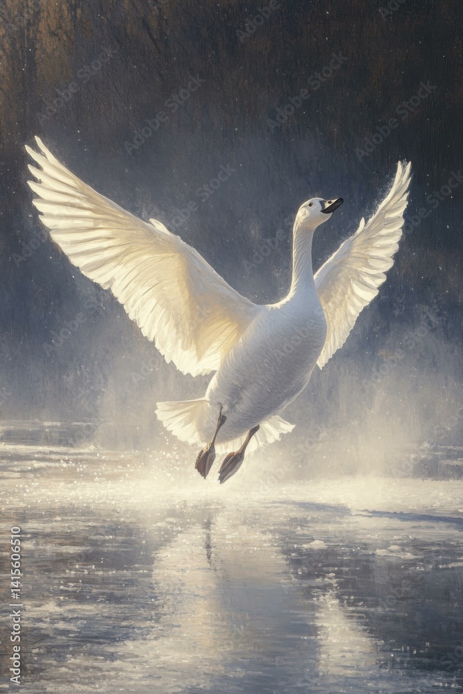 Obraz premium White Swan Landing on Misty Lake with Wings Spread Illuminated by Backlight