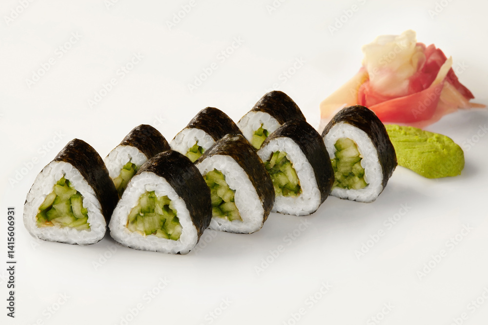 Kappa maki sushi rolls with cucumber filling, pickled ginger, and wasabi on white background