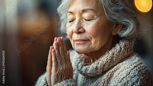 Peaceful elderly woman praying with closed eyes in warm indoor light showing spiritual moment