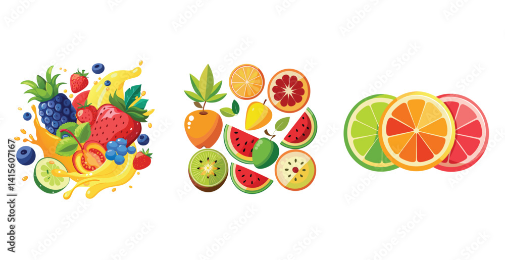 Fruits Flat Design Icon Set, array of colorful organic fruits and vegetables laid out on a rustic wooden table surrounded by a lush garden illuminated by soft daylight. Fruits Flat Design Icon Set, array of colorful organic fruits and vegetables laid out on a rustic wooden table surrounded by a lush garden illuminated by soft daylight.