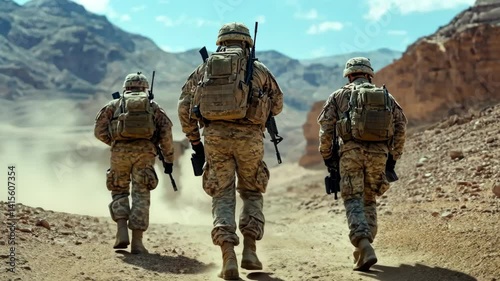 Group of soldiers in camouflage walking through desert terrain with rifles and backpacks