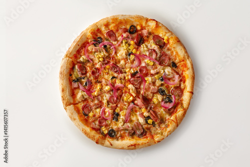 Delicious pizza with sausage, chicken, corn, onion and olives on white background
