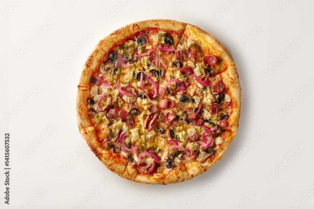 Delicious pizza with pesto, pepperoni, red onion, black olives, and mozzarella cheese on white background