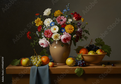Still Life Painting Colorful Flowers in Vase, Fruits on Table - Apples, Grapes, Oranges, Classic Art