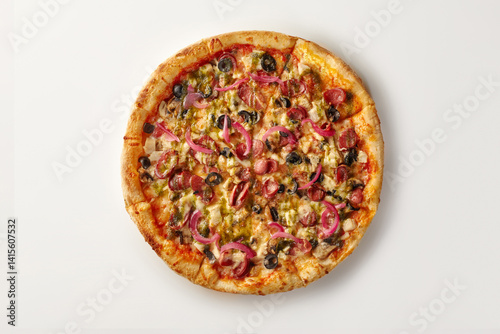 Obraz na płótnie Delicious pizza with pesto, pepperoni, red onion, black olives, and mozzarella cheese on white background w salonie