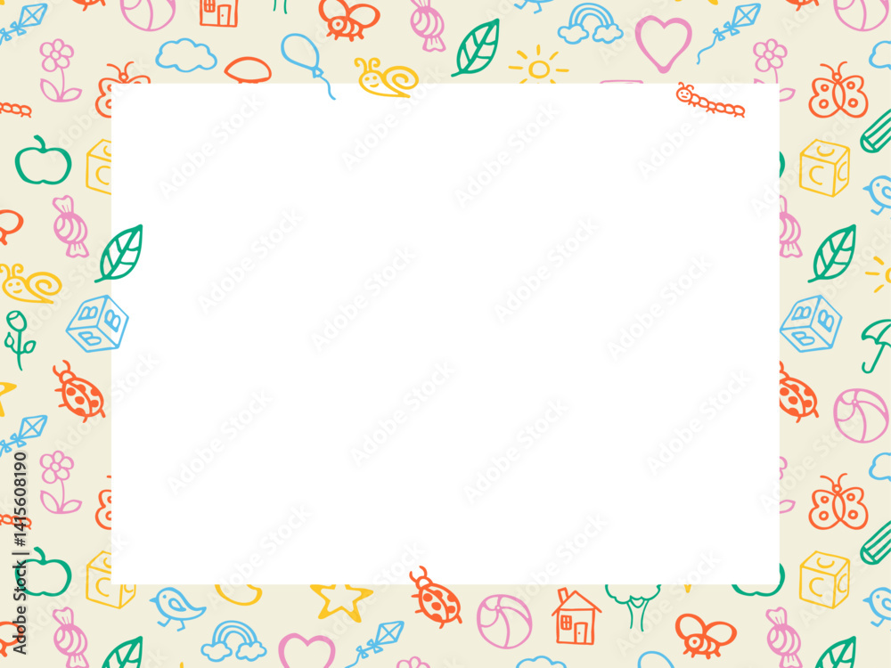 Fun cute frame of kids pattern colorful stickers, icons. Hand drawn doodles sketch children's elements. Сhildren's draw style design elements. Text box Fun cute frame of kids pattern colorful stickers, icons. Hand drawn doodles sketch children's elements. Сhildren's draw style design elements. Text box