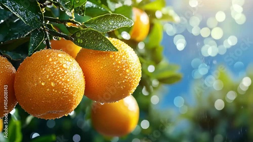 Fresh orange fruit on tree branch with water drops and sunlight in garden orchard background