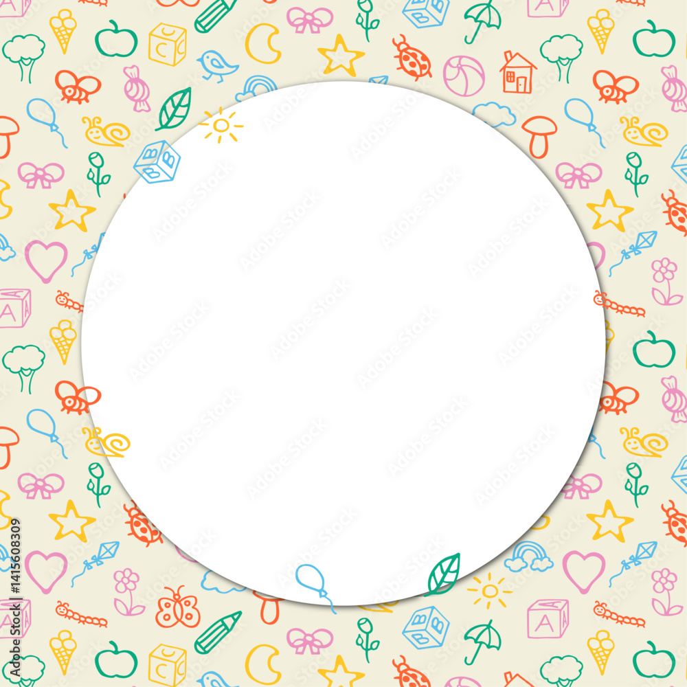 Fun cute frame of kids pattern colorful stickers, icons. Hand drawn doodles sketch children's elements. Сhildren's draw style design elements. Text box Fun cute frame of kids pattern colorful stickers, icons. Hand drawn doodles sketch children's elements. Сhildren's draw style design elements. Text box