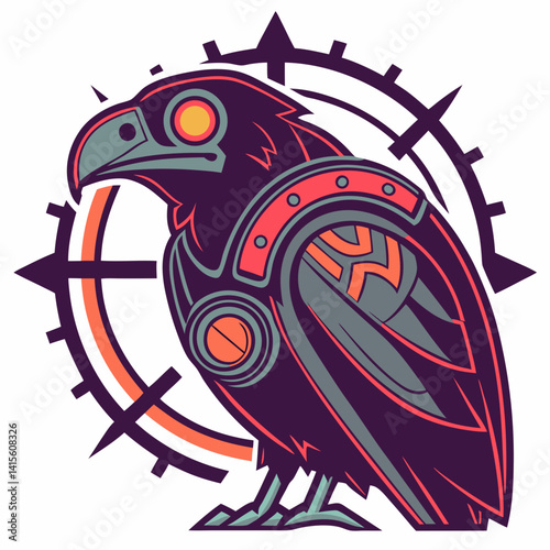 Futuristic tech badge with neon lights and sleek metallic details