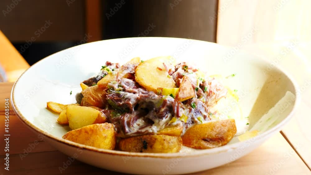 Enjoy a Delicious Meal featuring Savory Potatoes alongside a Rich and Flavorful Topping Enjoy a Delicious Meal featuring Savory Potatoes alongside a Rich and Flavorful Topping