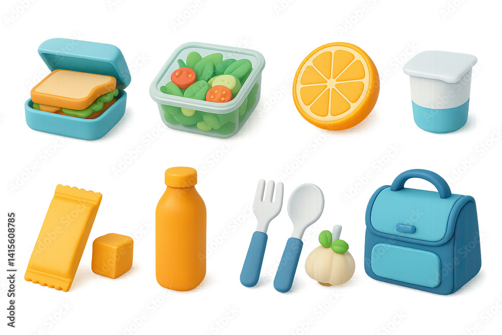 3D icon set of lunch prep: sandwich box, salad container, fruit slice, yogurt pot, snack bar, juice bottle, cutlery set, cooler bag. 3d icon. Generated icons set of 3d style in a modern design.