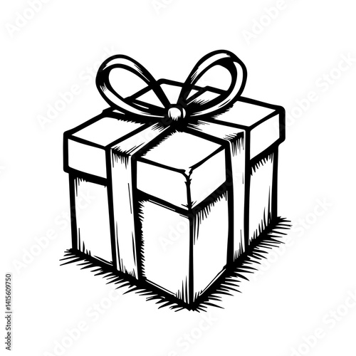 Hand-drawn gift box with ribbon in black and white style  