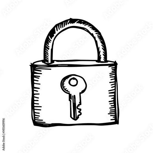 Hand-drawn padlock with key in sketch style  