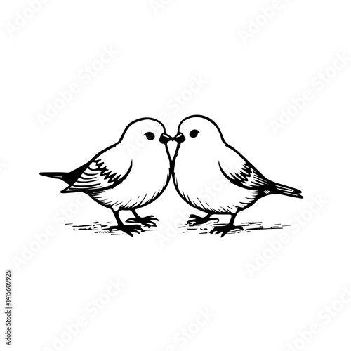 Two birds kissing in a minimalist black and white style  