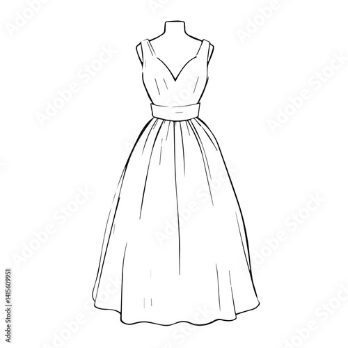 Elegant gown design sketch on a clean white background  
