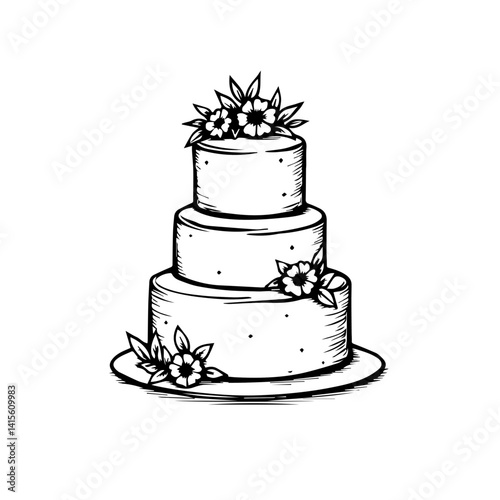 Elegant wedding cake with flowers in black and white sketch style  