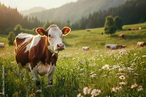 Cow grazing in a field of daisies at sunset in the mountains