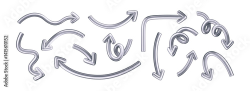 3D chrome doodle arrow set in Y2K style, isolated on a dark background. Render of 3D chrome liquid curve and swirl arrows, rotating up, down, and right with metal silver effect. 3D vector Y2K figure