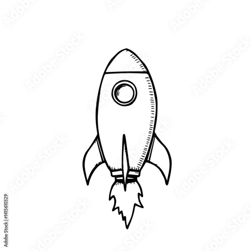 Rocket illustration in outline style with monochrome colors  