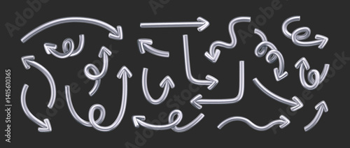 3D chrome doodle arrow set in Y2K style, isolated on a dark background. Render of 3D chrome liquid curve and swirl arrows, rotating up, down, and right with metal silver effect. 3D vector Y2K figure