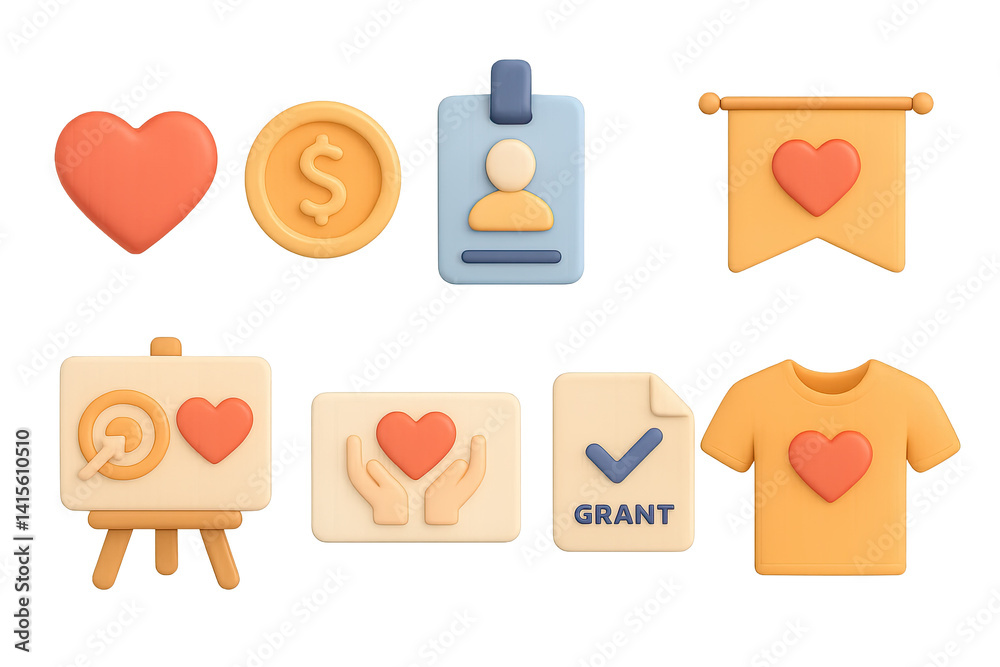 3D icon set of nonprofit organization: heart logo, donation coin, volunteer badge, event banner, mission board, gratitude card, grant file, t-shirt. 3d icon. Generated icons set of 3d style in a