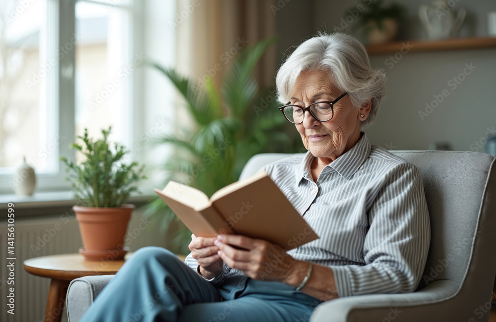 Elderly woman reads book in cozy living room. Mature lady in glasses enjoys literature. Grandmother relaxes at home, indoor leisure with reading hobby. Portrait of senior female resting with book. Elderly woman reads book in cozy living room. Mature lady in glasses enjoys literature. Grandmother relaxes at home, indoor leisure with reading hobby. Portrait of senior female resting with book.