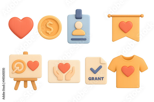 Obraz na płótnie 3D icon set of nonprofit organization: heart logo, donation coin, volunteer badge, event banner, mission board, gratitude card, grant file, t-shirt. 3d icon. Generated icons set of 3d style in a w salonie