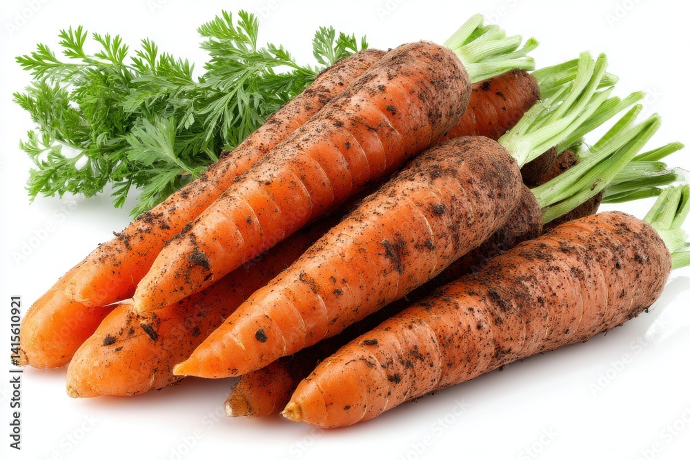 A fresh bunch of organic carrots with vibrant green tops, still covered in soil, displayed on a clean white background, symbolizing healthy eating and natural produce. A fresh bunch of organic carrots with vibrant green tops, still covered in soil, displayed on a clean white background, symbolizing healthy eating and natural produce.